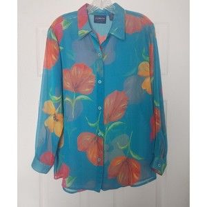 Vintage Y2K Women's Liz Sport Petite Medium Floral Printed Chiffon Blouse 90's